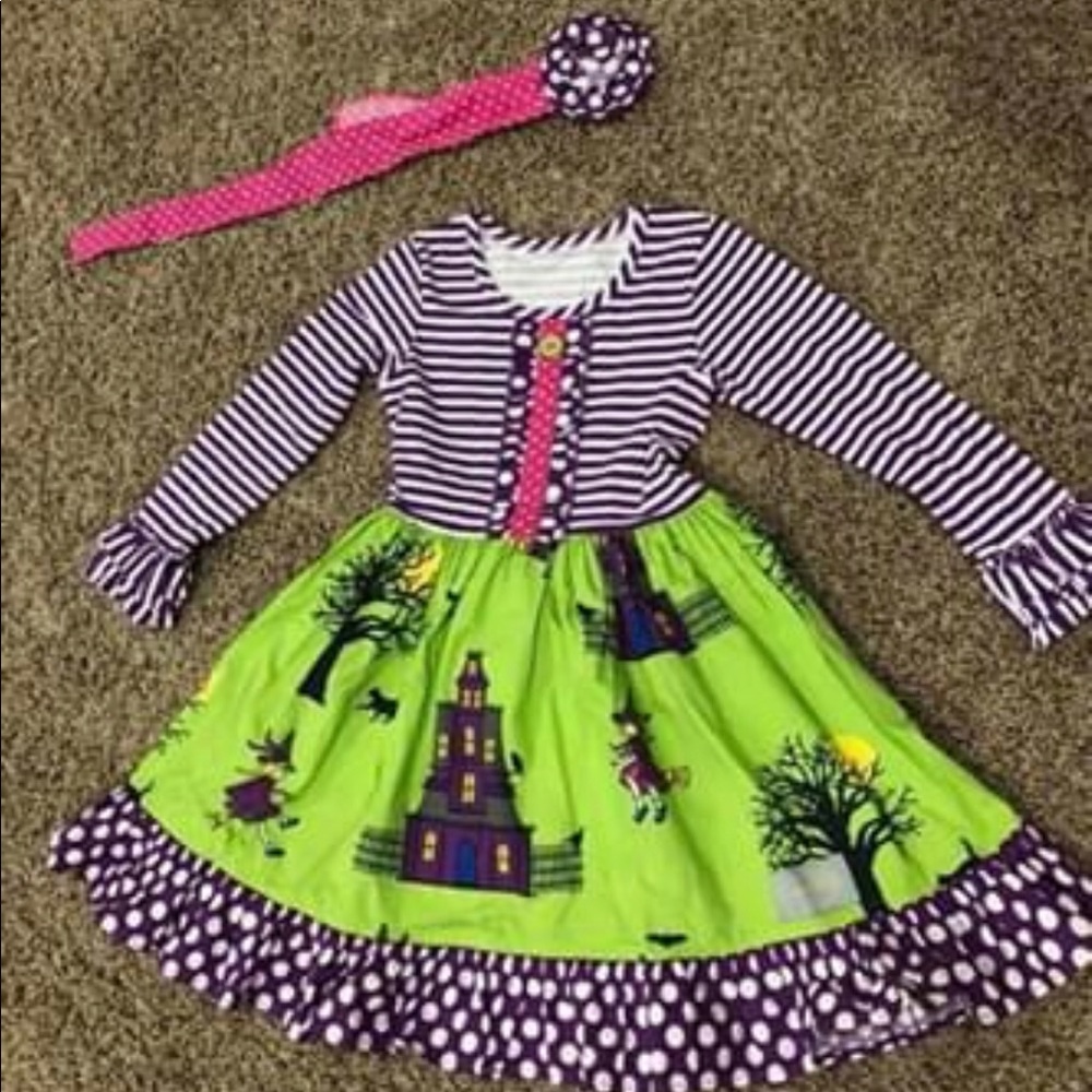 ER Hocus Pocus sleeved dress EUC 5-6 w/ headband.